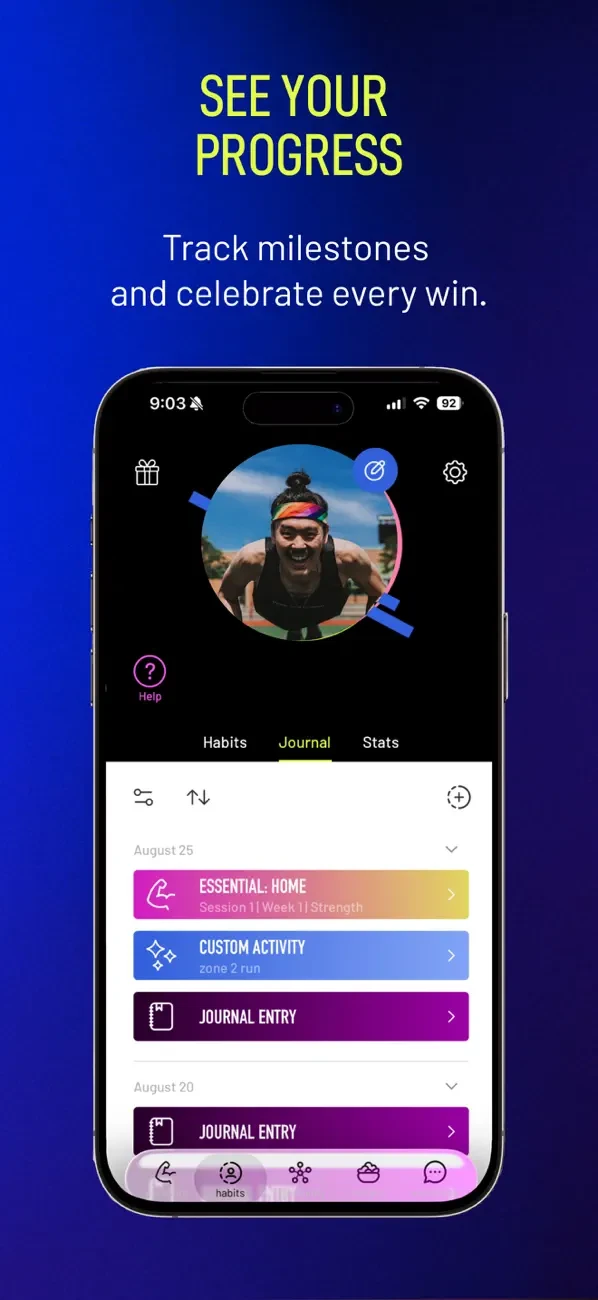 Pridefit App Store screen titled See your progress, showing the habit and workout journal