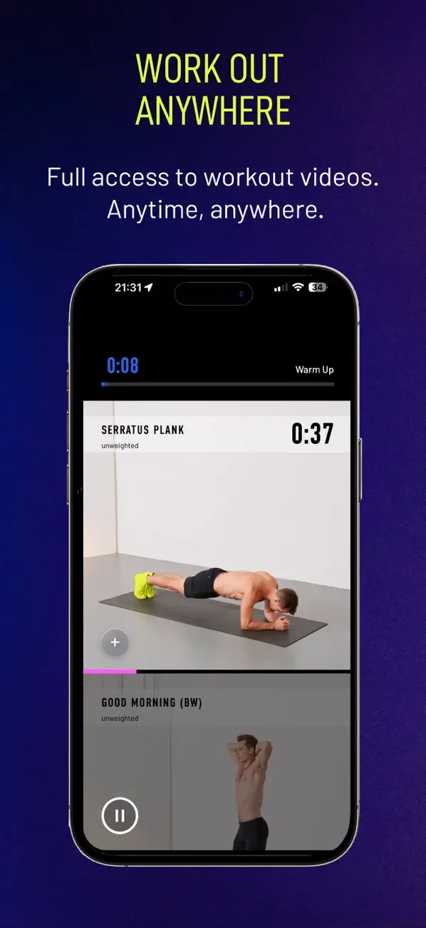 Pridefit App Store screen titled Work out anywhere, showing a guided workout video player