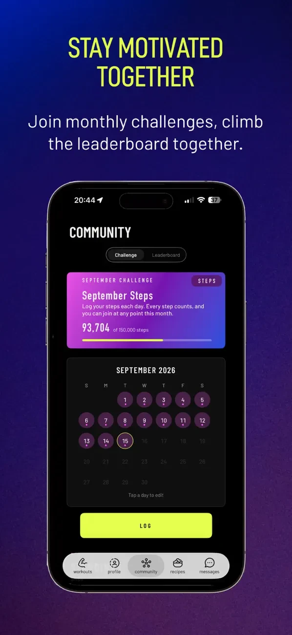 Pridefit App Store screen titled Stay motivated together, showing a monthly steps challenge and leaderboard