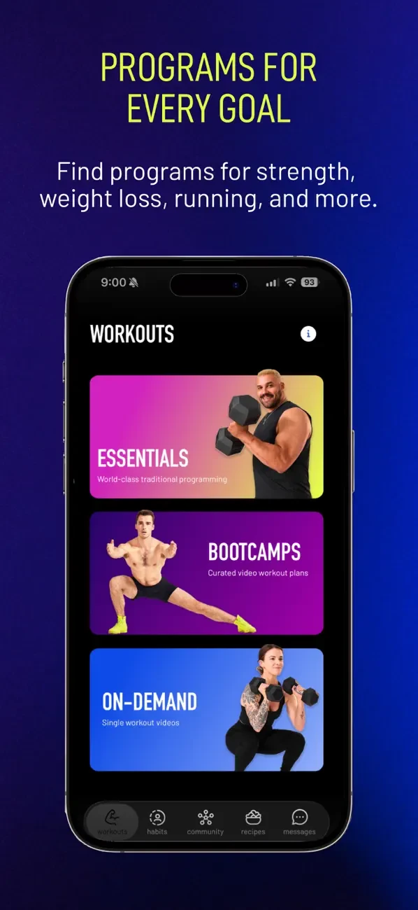 Pridefit App Store screen titled Programs for every goal, showing Essentials, Bootcamps and On-Demand workouts