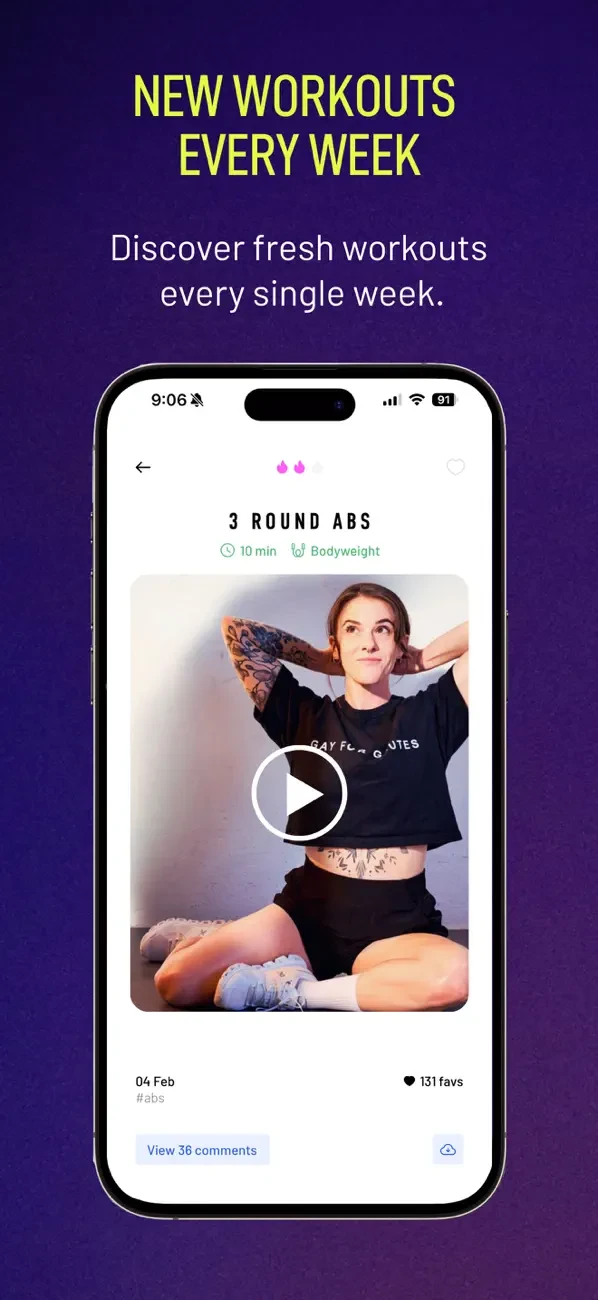 Pridefit App Store screen titled New workouts every week, showing a 10-minute bodyweight abs workout