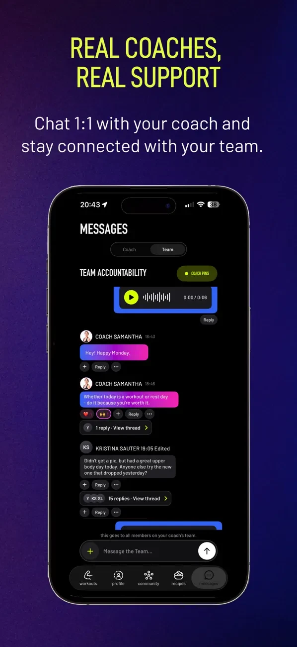 Pridefit App Store screen titled Real coaches, real support, showing coach and team messages