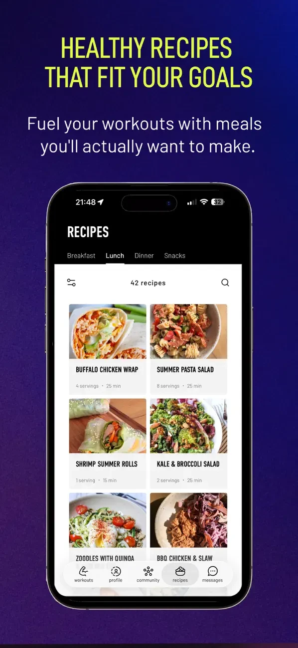 Pridefit App Store screen titled Healthy recipes that fit your goals, showing the recipe library